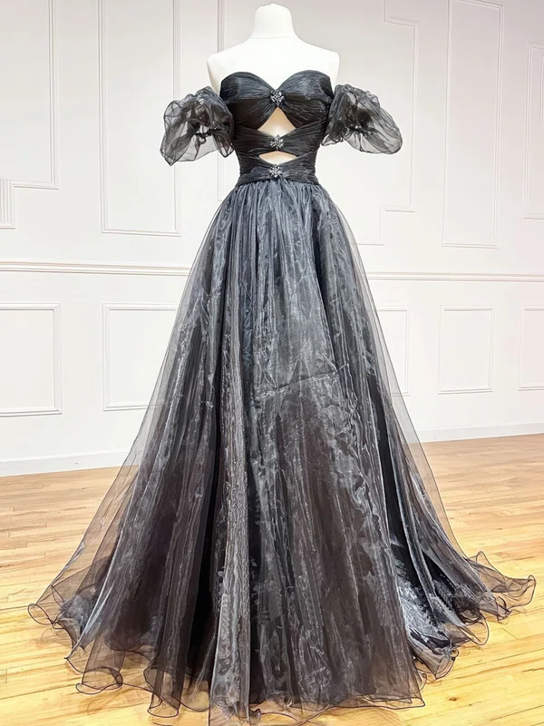 Ball Gown Off-the-shoulder Tulle Cut Out Prom Dresses With Beading #UKM020124191