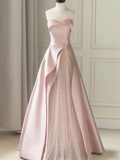 Ball Gown Strapless Satin Tulle Prom Dresses With Beading #UKM020124193