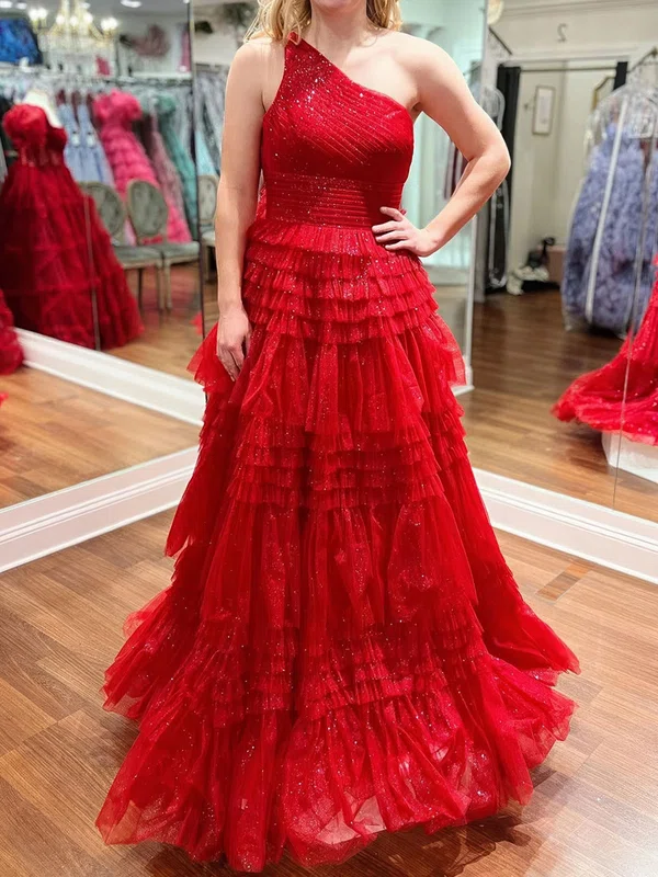 Glitter Red Ball Gown/Princess One Shoulder Ruffle Prom Dresses #UKM020124207