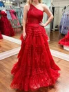 Glitter Red Ball Gown/Princess One Shoulder Ruffle Prom Dresses #UKM020124207