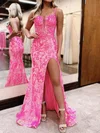 Sheath/Column V-neck Sparkly Sequin Prom Dresses With Beading #UKM020124214