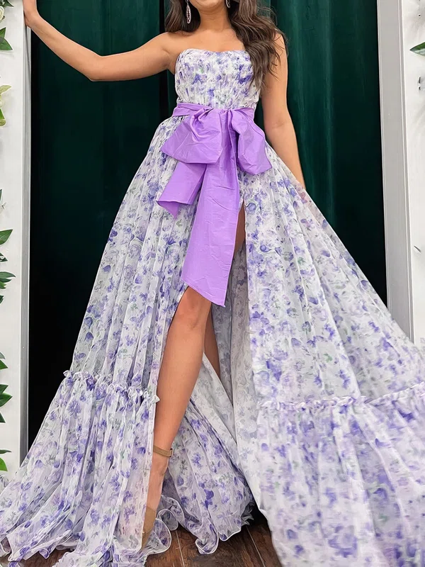 Ball Gown Strapless Chiffon Floral Prom Dresses With Bow #UKM020124225
