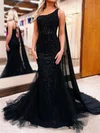 Sheath/Column Tulle One Shoulder Prom Dresses With Appliques #UKM020124229