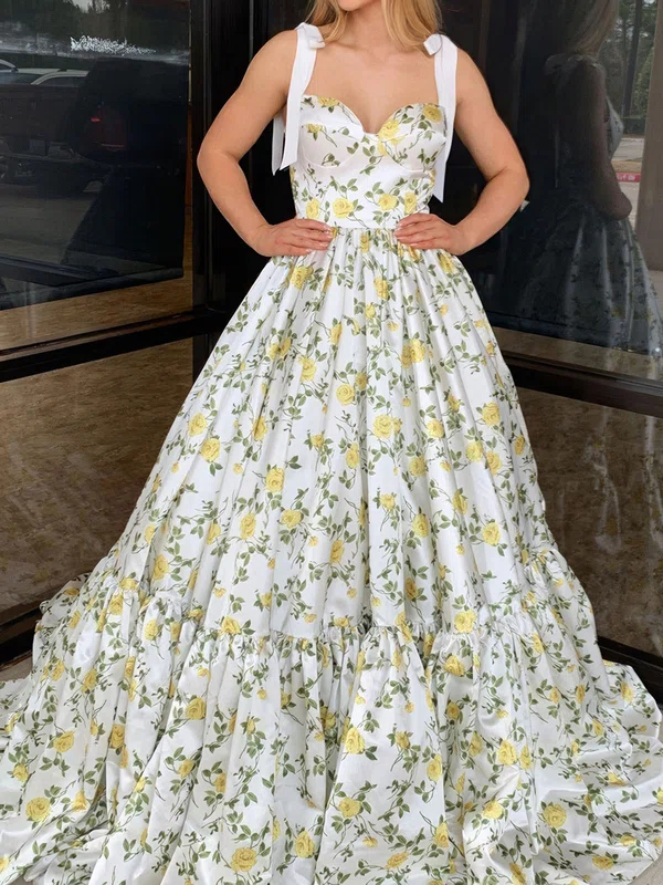 Ball Gown Sweetheart Satin Floral Prom Dresses With Ruched #UKM020124231