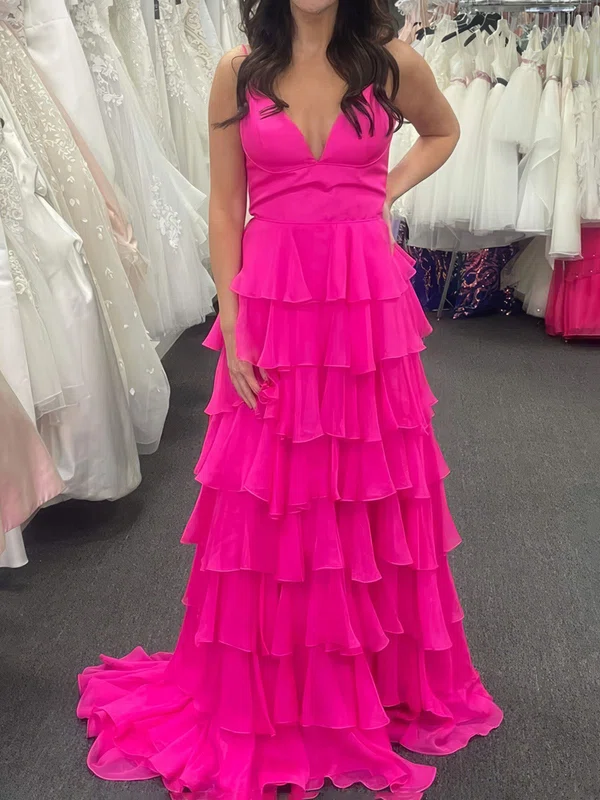 Ball Gown V-neck Chiffon Ruffle Tiered Prom Dresses #UKM020124273