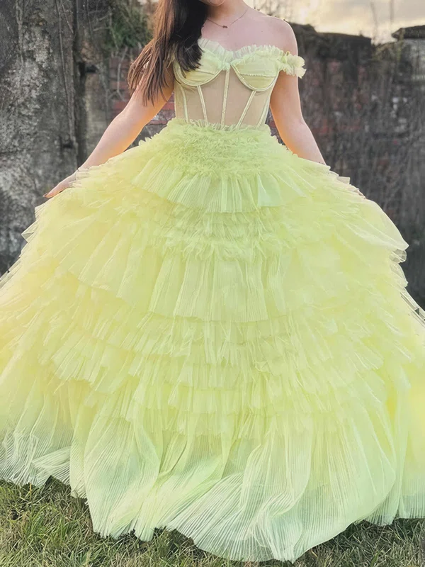 Ball Gown Off-the-shoulder Tulle Ruffle Tiered Prom Dresses #UKM020124278