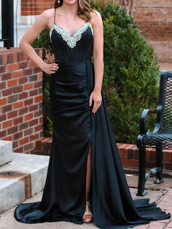 Sheath/Column V-neck Satin Corset Prom Dresses With Beading #UKM020124280