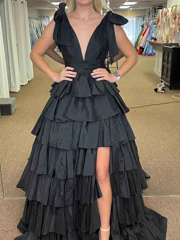 Ball Gown V-neck Taffeta Ruffle Tiered Prom Dresses #UKM020124291