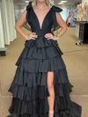 Ball Gown V-neck Taffeta Ruffle Tiered Prom Dresses #UKM020124291