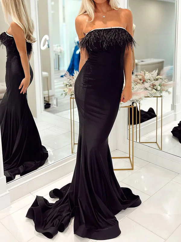 Black Mermaid Straight Jersey Prom Dresses With Feather #UKM020124328