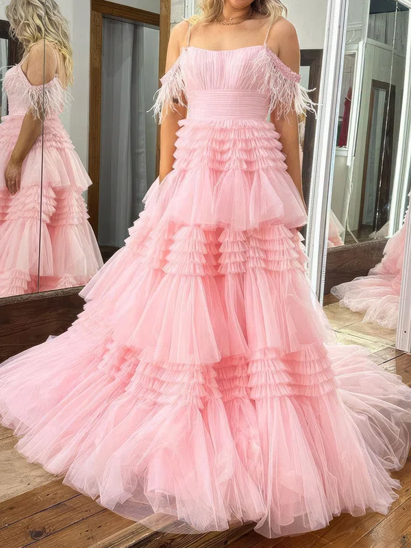 Ball Gown Square Neck Tulle Tiered Prom Dresses With Feather #UKM020124342