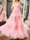 Ball Gown Square Neck Tulle Tiered Prom Dresses With Feather #UKM020124342