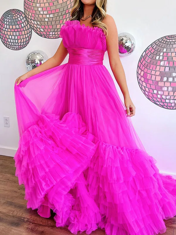 Ball Gown Strapless Tulle Ruffle Tiered Prom Dresses #UKM020124343