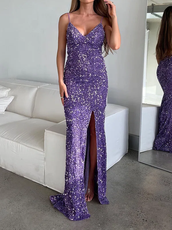 Sparkly Sheath/Column Sequin V-neck Split Prom Dresses #UKM020124378