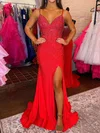 Red Mermaid V-neck Jersey Beaded Prom Dresses #UKM020124382