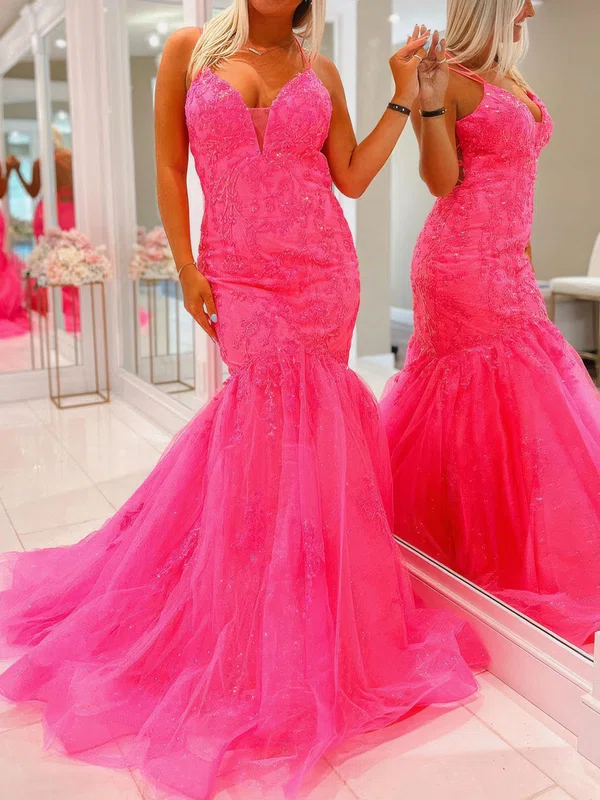 Mermaid V-neck Tulle Prom Dresses With Appliques #UKM020124425
