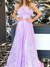 Ball Gown Strapless Lace Sparkly Prom Dresses With Feather #UKM020124432