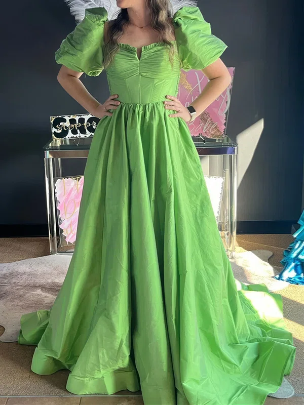 Ball Gown Square Neck Ruched Satin Prom Dresses With Puff Sleeve #UKM020124462