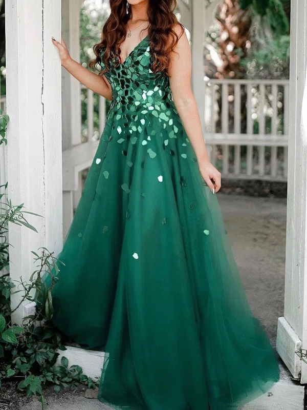 Ball Gown V-neck Tulle Floor-length Beaded Prom Dresses #UKM020124465