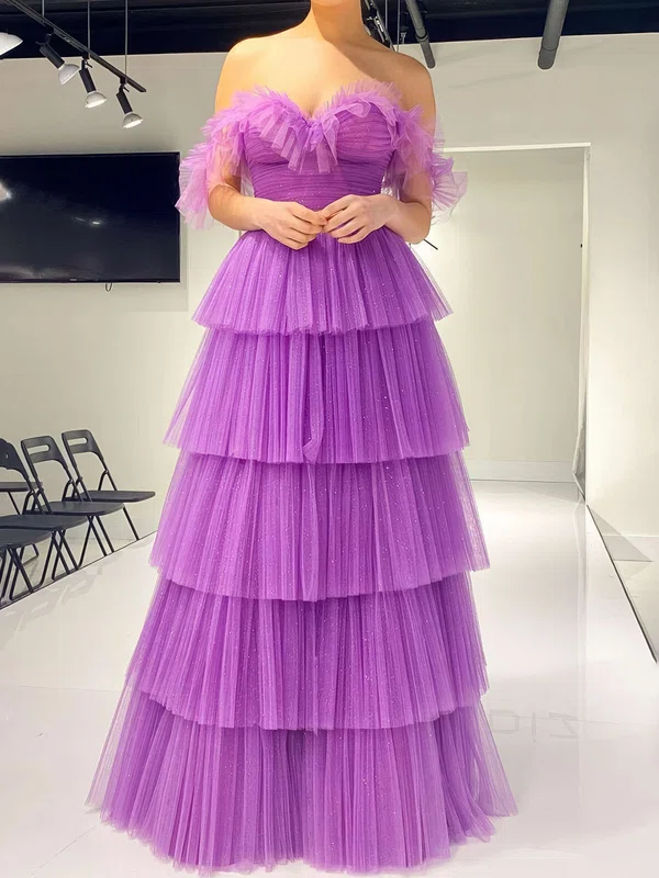 Ball Gown Off-the-shoulder Tulle Tiered Prom Dresses With Ruched #UKM020124478