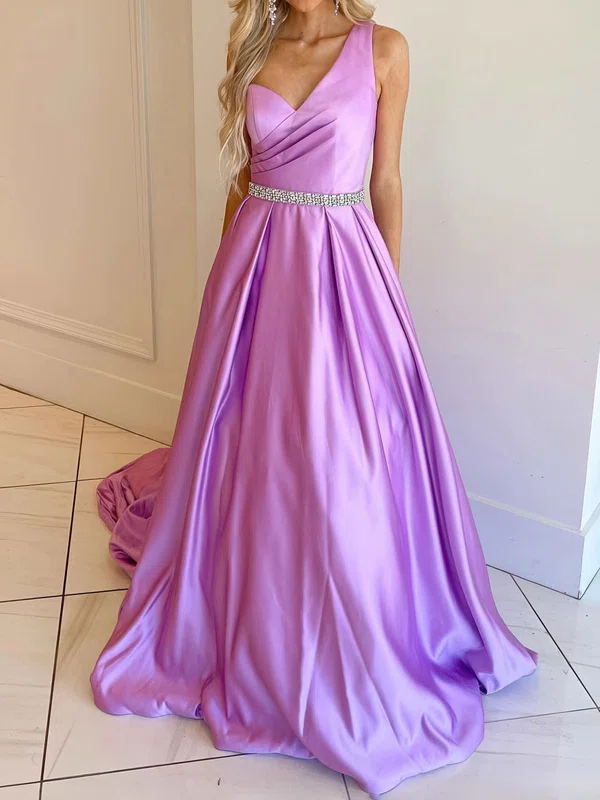 Ball Gown One Shoulder Satin Prom Dresses With Beading #UKM020124485