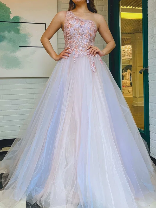 Ball Gown One Shoulder Tulle Prom Dresses With Appliques #UKM020124492