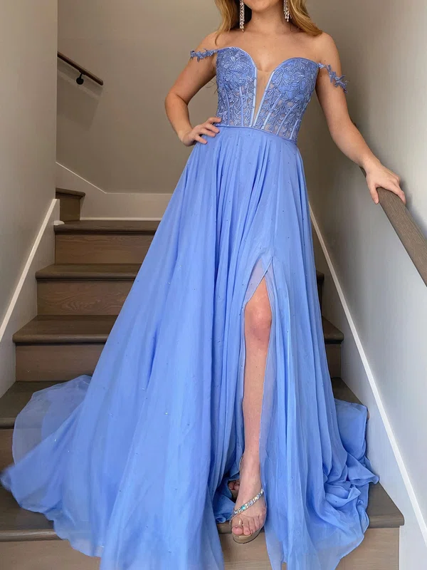 A-line Off-the-shoulder Tulle Corset Prom Dresses With Appliques #UKM020124493