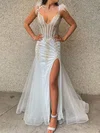Mermaid V-neck Tulle Beaded Prom Dresses With Feather #UKM020124502