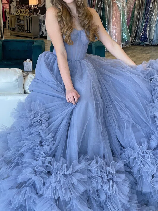 Ball Gown Strapless Tulle Ruffle Tiered Prom Dresses #UKM020124523