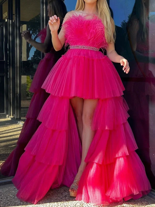 Ball Gown Strapless Tulle Ruffle Tiered Prom Dresses With Feather #UKM020124530