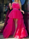 Ball Gown Strapless Tulle Ruffle Tiered Prom Dresses With Feather #UKM020124530