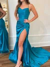 Sheath/Column V-neck Satin Prom Dresses With Ruched #UKM020124538