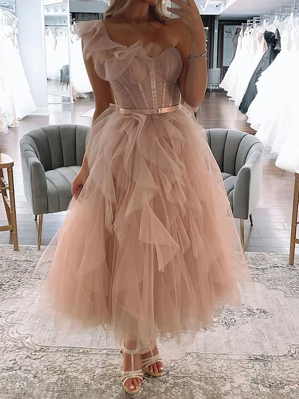 Princess One Shoulder Tulle Ruffle Prom Dresses #UKM020124562