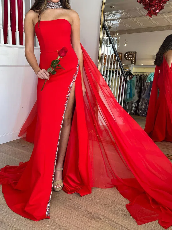 Sheath/Column Strapless Stretch Crepe Prom Dresses With Beading #UKM020124577