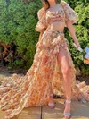 A-line Square Neck Tulle Floral Two Piece Prom Dresses With Puff Sleeve #UKM020124579