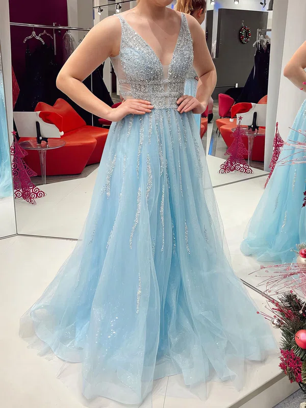 Ball Gown V-neck Tulle Beaded Prom Dresses With Ruched #UKM020124590
