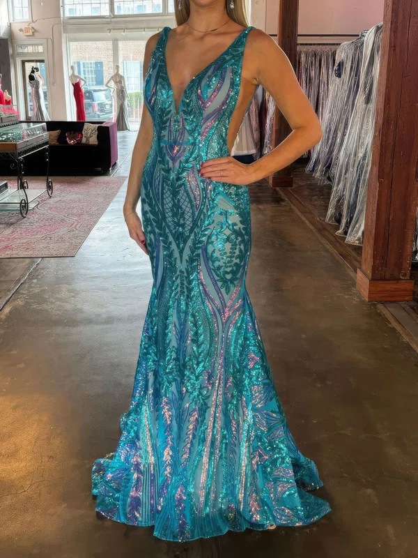 Mermaid V-neck Floor-length Sparkly Sequin Prom Dresses #UKM020124597
