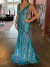 Mermaid V-neck Floor-length Sparkly Sequin Prom Dresses #UKM020124597