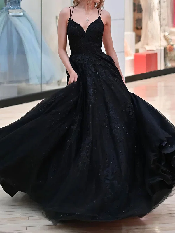 Black Ball Gown V-neck Tulle Prom Dresses With Appliques #UKM020124602