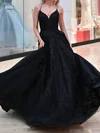 Black Ball Gown V-neck Tulle Prom Dresses With Appliques #UKM020124602