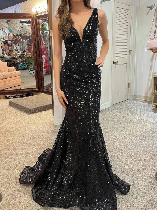 Black Mermaid V-neck Backless Sparkly Sequin Prom Dresses #UKM020124609