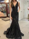 Black Mermaid V-neck Backless Sparkly Sequin Prom Dresses #UKM020124609