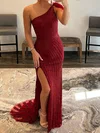 Sheath/Column One Shoulder Sparkly Sequin Prom Dresses With Feather #UKM020124635