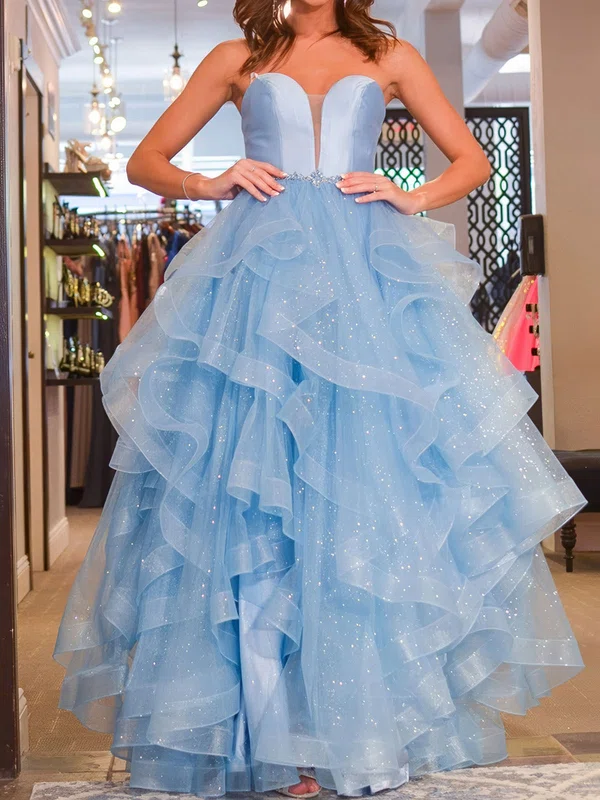 Princess Strapless Tulle Ruffle Prom Dresses With Beading #UKM020124650
