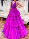 Ball Gown V-neck Tulle Ruffle Tiered Prom Dresses #UKM020124666