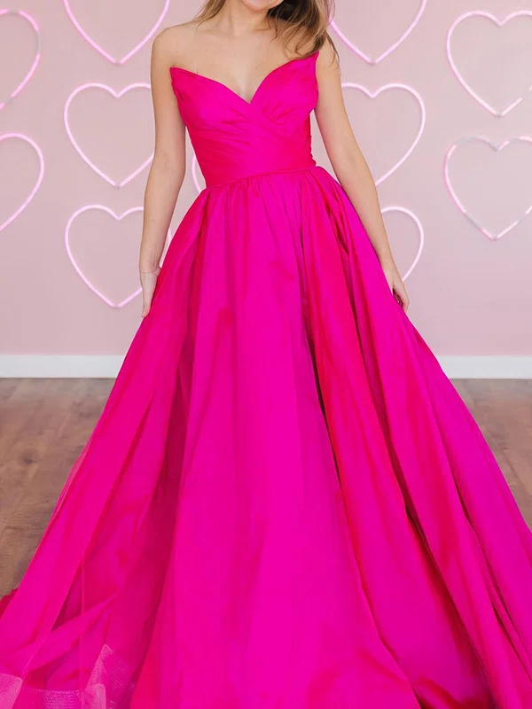 Ball Gown V-neck Satin Tulle Prom Dresses With Ruched #UKM020124680