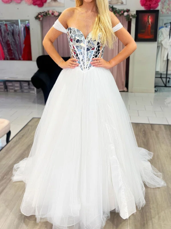Ball Gown Off-the-shoulder Tulle Corset Prom Dresses With Beading #UKM020124690