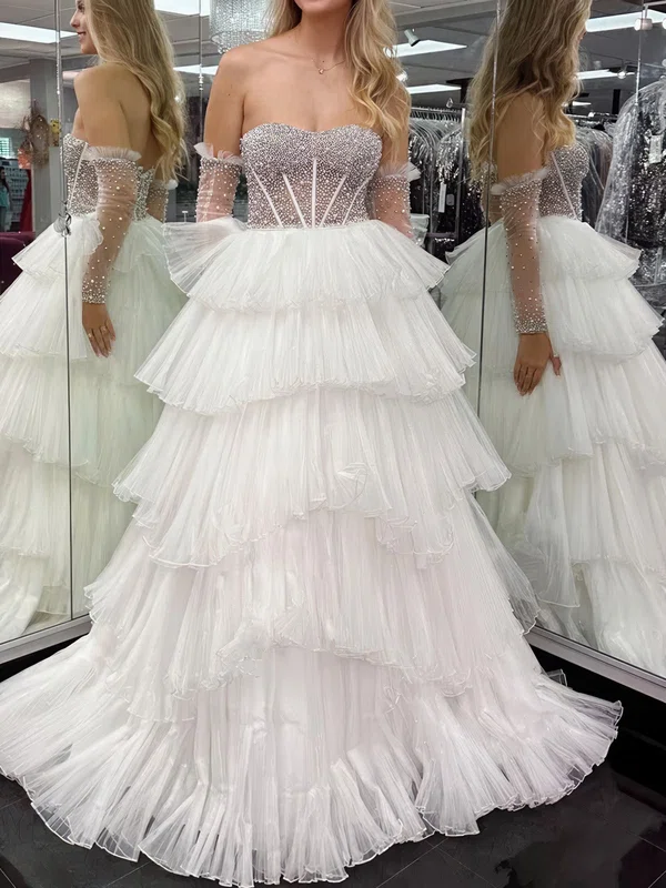 Ball Gown Sweetheart Tulle Ruffle Tiered Prom Dresses With Beading #UKM020124695