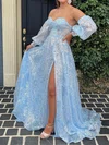 Ball Gown Sweetheart Lace Sparkly Prom Dresses With Puff Sleeve #UKM020124700
