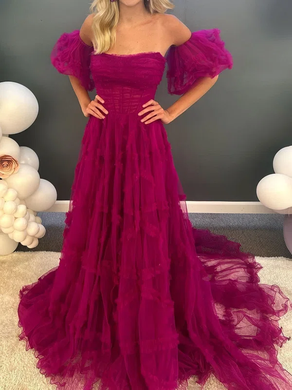 Ball Gown Strapless Tulle Ruffle Prom Dresses With Puff Sleeve #UKM020124707